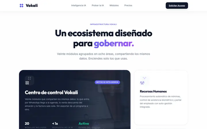 Sección de módulos de Vokali: el centro de control y las áreas de la plataforma.