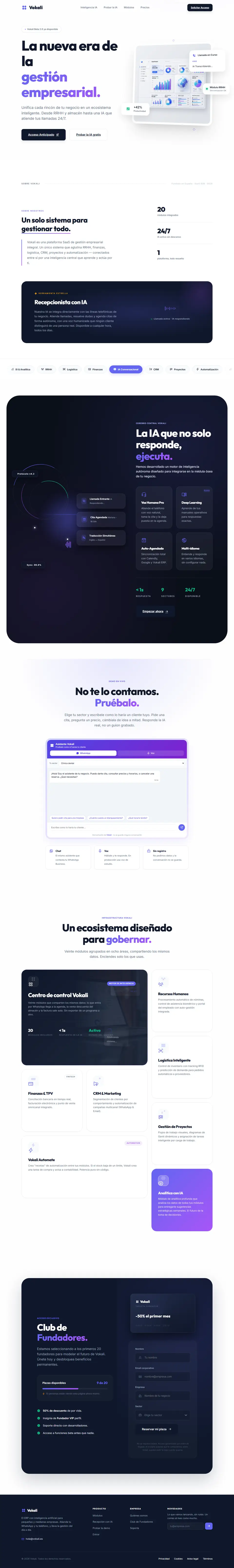 Web entera de Vokali en escritorio: portada con panel, inteligencia artificial, demo, módulos y lista de espera.