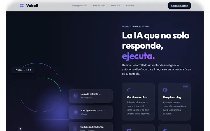 Sección de inteligencia artificial de Vokali, sobre fondo oscuro, con tarjetas de funciones.
