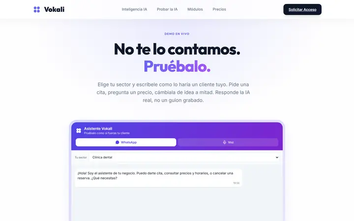 Demo de Vokali: un chat para escribir al asistente como si fueras un cliente.